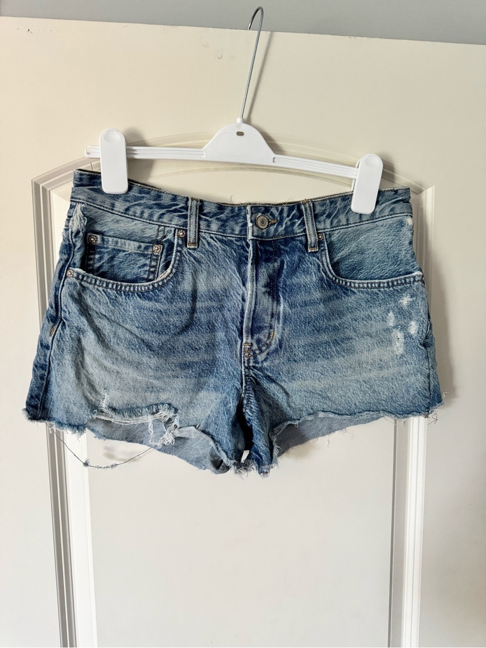Free People Light Blue Distressed Denim Cutoff Shorts